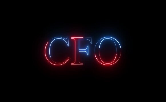 Glowing neon CFO text icon animates with pulsing light, symbolizing financial leadership, strategy, governance, fiscal responsibility, insight, stability, and executive authority in modern corporate e