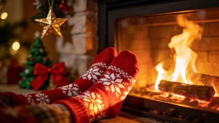 Woolen socks by the fireplace, a moment of warmth and comfort in holiday glow