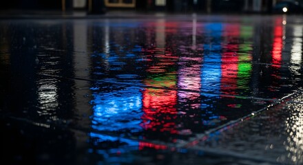 Obraz premium Rainy night reflection of vibrant colorful lights on a wet city pavement