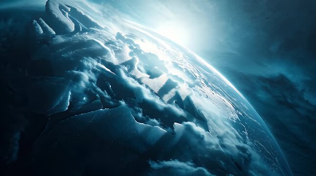 A captivating view of a planet emerging from a deep blue and stormy atmosphere, capturing the dawn's light. The curvature of the celestial body is visible