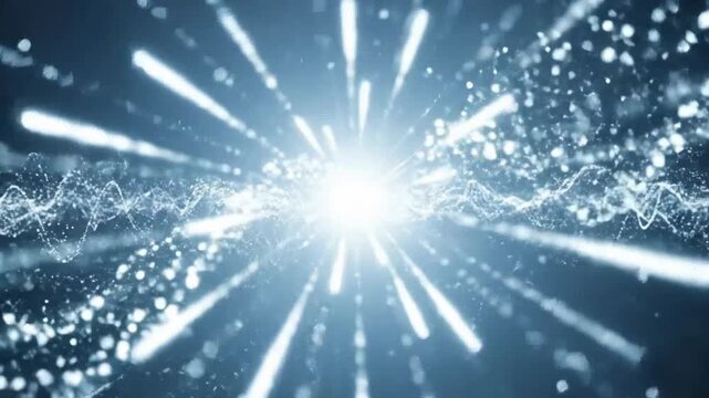 Abstract Exploding Light Burst With Glowing Particles And Wavy Lines In A Dark Blue Cosmic Environment