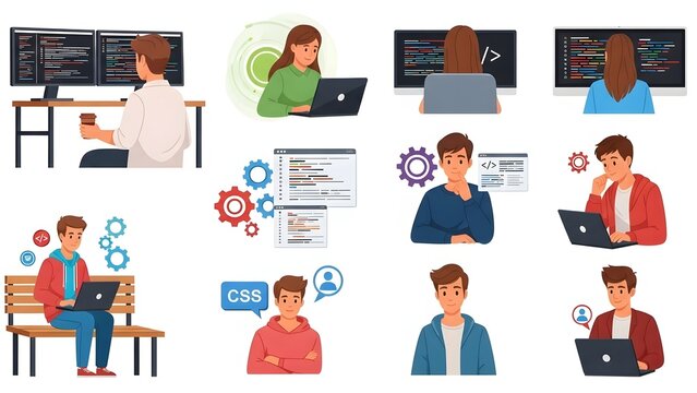 Modern programmers and software developers engaged in various coding and web development activities - Powered by Adobe