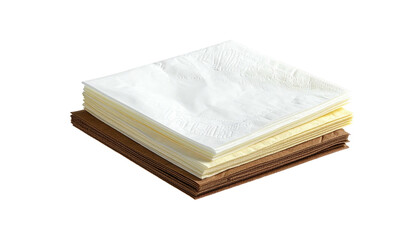 Stacked paper napkins, white, cream, and brown, casually arranged, isolated against a black background, softly textured