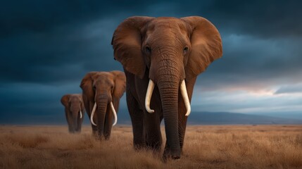 Obraz premium Three majestic elephants walk through a grassy landscape under a dramatic sky, showcasing their impressive tusks and strong presence in nature.