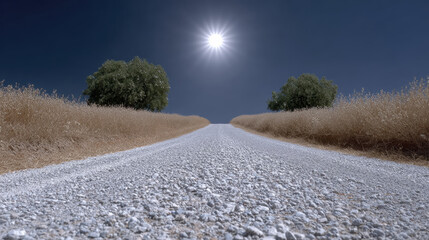 Minimalist summer landscape road gravel path dry grass bright sun blue sky countryside rural nature calm scene
