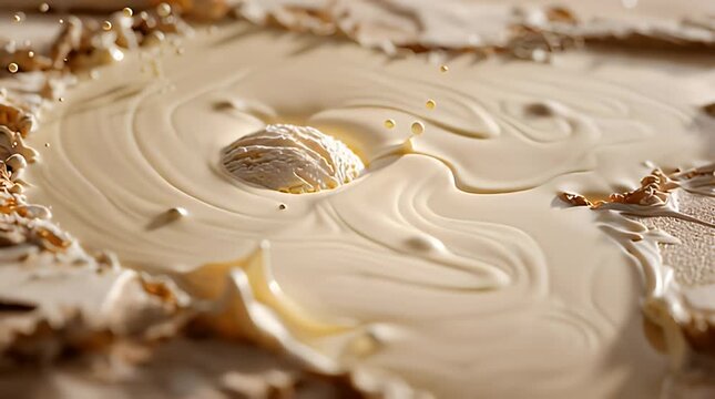 A close-up shot of a creamy, swirled, and textured substance, perhaps a dessert, with a central scoop and splashes, creating a captivating scene