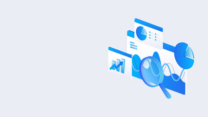 Isometric stock market dashboard data analysis with magnifying glass, charts, and financial insight in blue digital style.