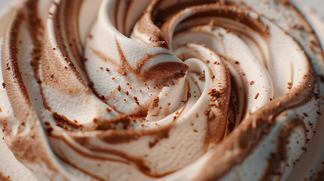 A close-up image showcases a swirl of creamy, white confection intertwined with rich brown, resembling a tasty dessert. Tiny specks dot the surface