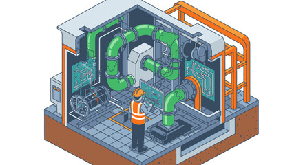 Obraz premium An isometric illustration depicts a technician monitoring complex industrial machinery with numerous green and orange pipes inside a cutaway building section.