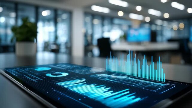 A sleek tablet showcases interactive analytics, bar charts, and data visualizations in a contemporary workspace. The image highlights digital transformation and smart office trends in business