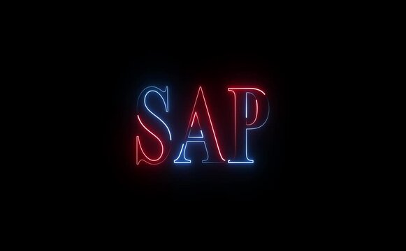 Neon SAP text icon flickers on, glowing outlines animate smoothly, representing enterprise innovation, data flow, digital transformation, and intelligent business solutions in a futuristic interface.
