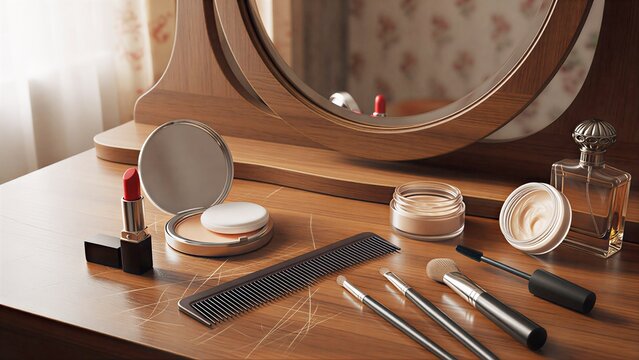 
Elegant Makeup Vanity With Lipsticks, Brushes, Palettes, And Mirror On Wooden Dressing Table
