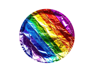 A vibrant rainbow circle with reflective, crinkled surface