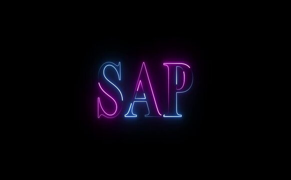 Neon SAP text icon flickers on, glowing outlines animate smoothly, representing enterprise innovation, data flow, digital transformation, and intelligent business solutions in a futuristic interface.
