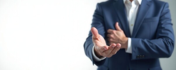 Happy business professional, hands clasped, white background, trustworthy, model