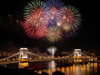 Vibrant fireworks display over iconic illuminated bridge at night