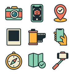 Professional photography and travel camera equipment line icon set with film roll compass map and smartphone camera