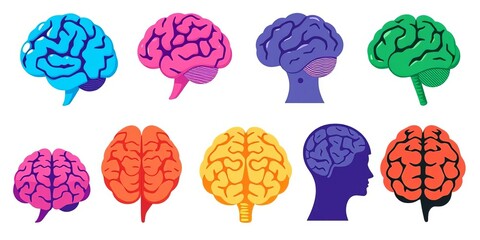 Set of colorful flat brain icons, various styles, isolated on white, minimal, cute