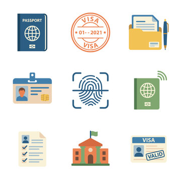 Immigration and visa application process icon set including passport biometric fingerprint and government building