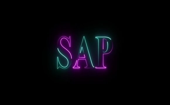 Neon SAP text icon flickers on, glowing outlines animate smoothly, representing enterprise innovation, data flow, digital transformation, and intelligent business solutions in a futuristic interface.
