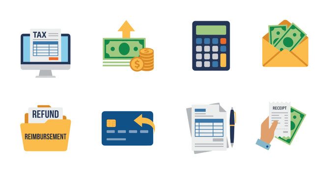 Financial tax refund and reimbursement flat icon set with calculator money envelope receipts and credit card symbols