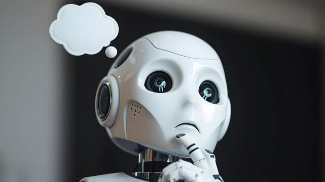 Close up of a white robot thinking with a thought bubble above its head
