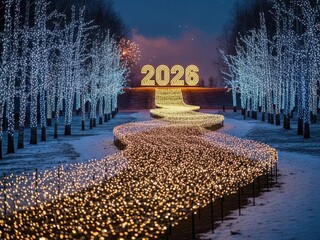 Magical winter wonderland with glowing 2026 lights and fireworks display