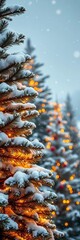 Snowfall sparkles on festive decorated pine trees with warm glowing lights, creating a cozy holiday scene,  trees, christmas