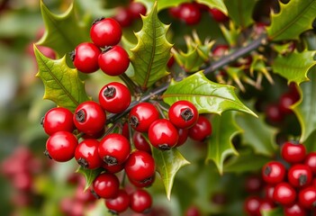 Glossy crimson berries on a spiky green holly plant,  glossy,  cold