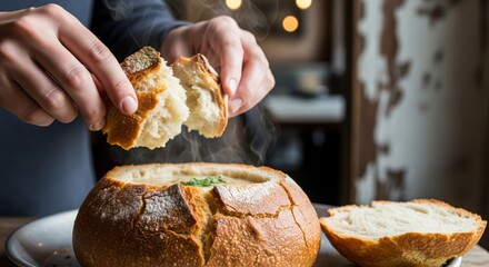Steaming Clam Chowder in a San Francisco Sourdough Bread Bowl