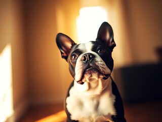 Charming Boston Terrier framed in soft light, a dynamic Dutch angle capturing its alert, stylish silhouette ,  unique perspective,  chic