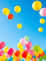 Bright, vibrant balloons ascend against a clear blue sky, a celebration of joy and festivity,  happy,  background