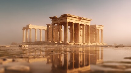 Obraz premium Ancient Greek Temple Architecture with Gentle Morning Mist. Blurred background