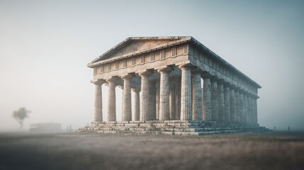Ancient Greek Temple Architecture with Gentle Morning Mist. Blurred background