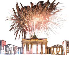 Vibrant fireworks illuminate iconic Brandenburg Gate at day in Berlin