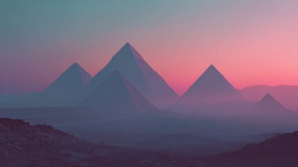 Egyptian Pyramid Silhouettes against Hazy Desert Sky. Blurred background