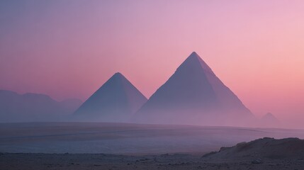 Egyptian Pyramid Silhouettes against Hazy Desert Sky. Blurred background
