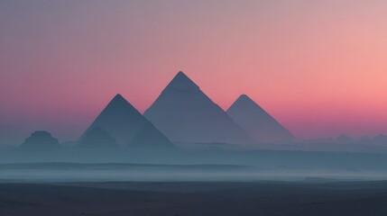 Egyptian Pyramid Silhouettes against Hazy Desert Sky. Blurred background