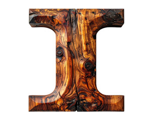 Detailed wooden letter "I" with natural grain, texture, and dark details