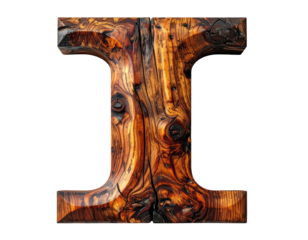 Detailed wooden letter "I" with natural grain, texture, and dark details