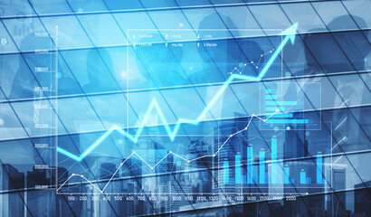 Dynamic business growth visualization featuring financial charts and statistics superimposed on a city skyline, representing innovation and success in corporate environments. Scalp
