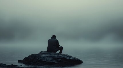 A solitary figure sits on a rock overlooking a misty lake, enveloped in a sense of peace and solitude.