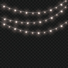 Christmas White Crossed Glowing String Lights Border on Transparent Background. Vector