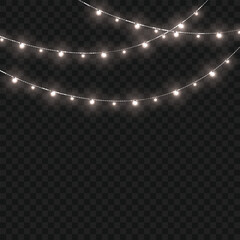 Christmas White Crossed Glowing String Lights Border on Transparent Background. Vector
