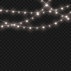 Christmas White Crossed Glowing String Lights Border on Transparent Background. Vector