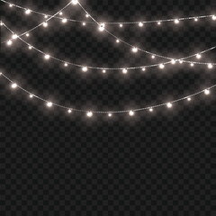 Christmas White Crossed Glowing String Lights Border on Transparent Background. Vector