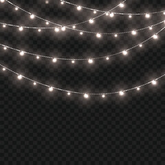 Christmas White Crossed Glowing String Lights Border on Transparent Background. Vector