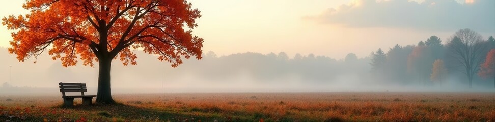 Fototapeta premium Foggy autumn field, orange tree, wooden bench , fog, november, environment