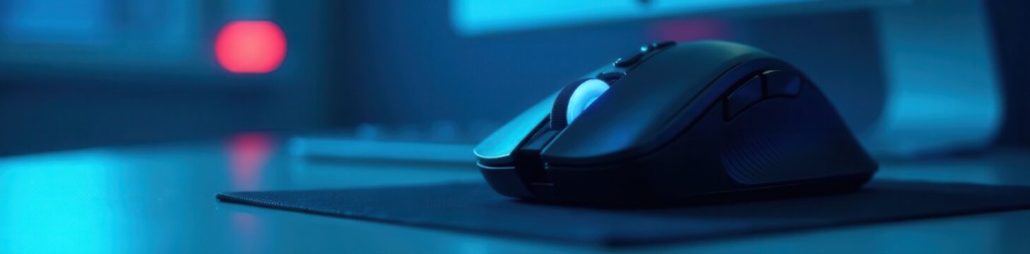 Close-up of wired optical mouse against light blue Perfect for tech or office backgrounds , close-up, UX