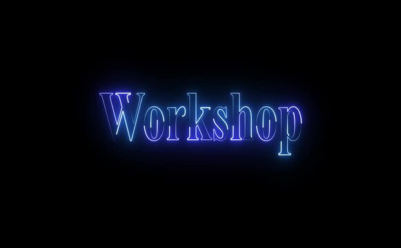 Glowing neon icon with bold Workshop text represents collaboration, learning, creativity, and hands-on training through vibrant lines, modern style, and energetic visual emphasis worldwide engagement.